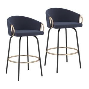 Contemporary Velvet and Metal 26&quot Counter Stool Set of 2 Blue and Black and Gold