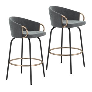 Contemporary Velvet and Metal 26&quot Counter Stool Set of 2 Grey and Black and Gold
