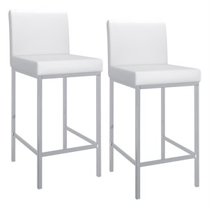 Contemporary Faux Leather and Metal 26&quot Counter Stool Set of 2 White and Chrome