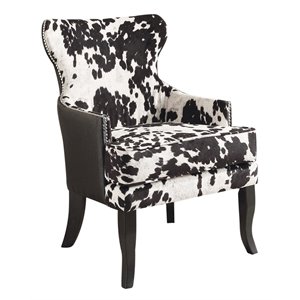 angus faux cow-hide fabric accent chair with faux leather back