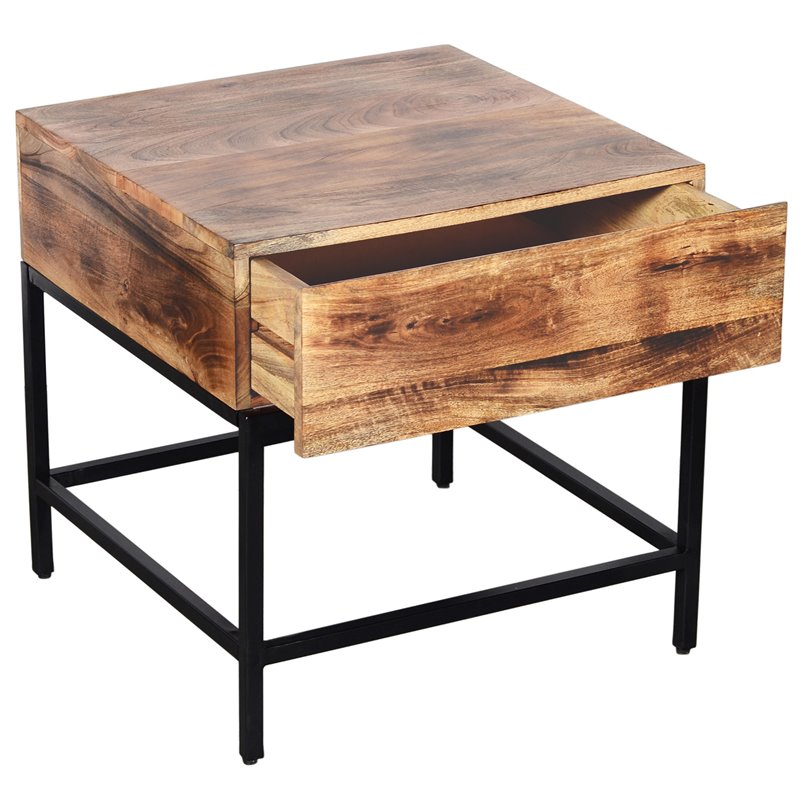 Industrial Chic Solid Wood and Wrought Iron Accent Table Natural Burnt and Black