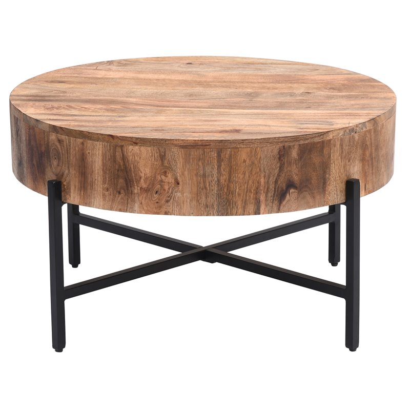 Contemporary Solid Wood and Iron Round Coffee Table Natural and Black