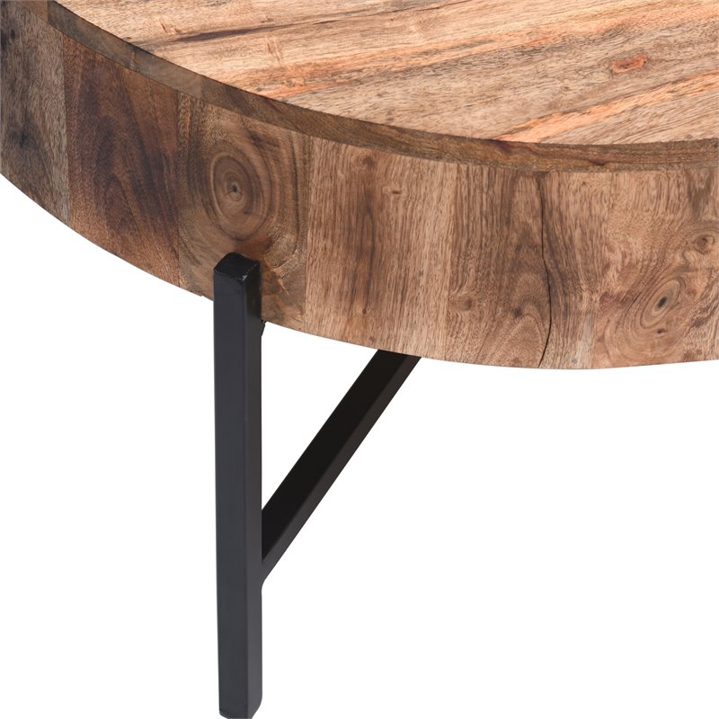 Contemporary Solid Wood and Iron Round Coffee Table Natural and Black