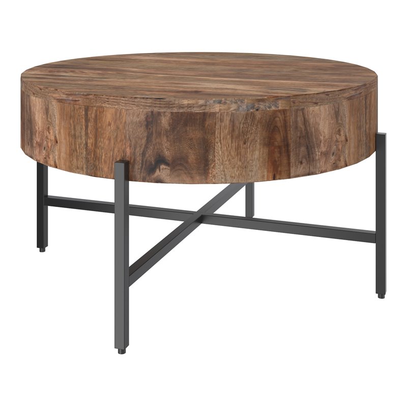 Contemporary Solid Wood and Iron Round Coffee Table Natural and Black