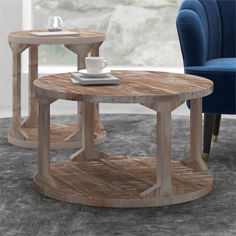Rustic Modern Solid Wood Round Coffee Table Distressed Natural