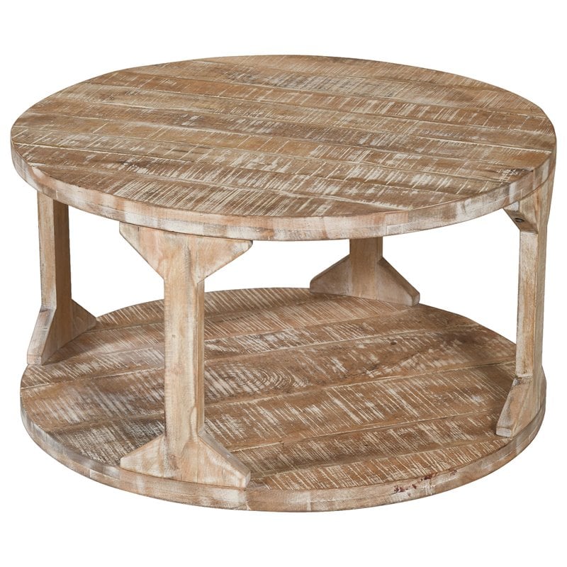 Rustic Modern Solid Wood Round Coffee Table Distressed Natural
