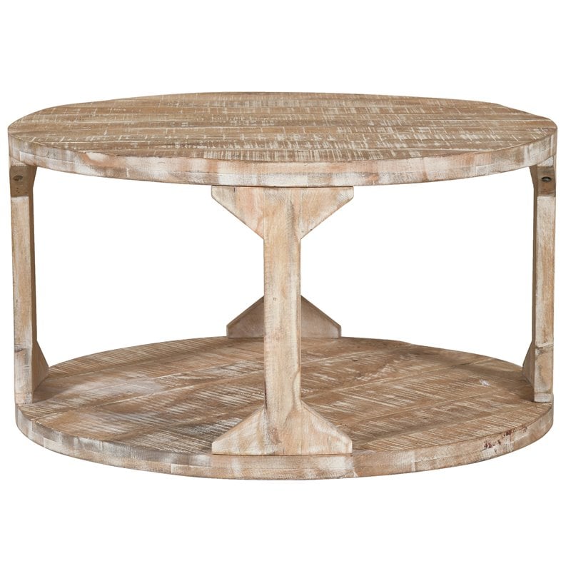 Rustic Modern Solid Wood Round Coffee Table Distressed Natural