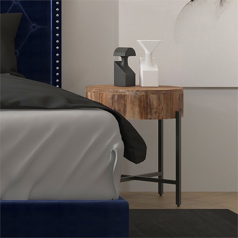 Contemporary Solid Wood and Iron Round Accent Table Natural and Black