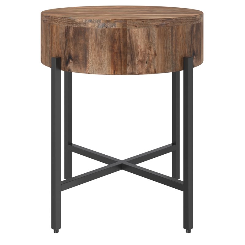 Contemporary Solid Wood and Iron Round Accent Table Natural and Black