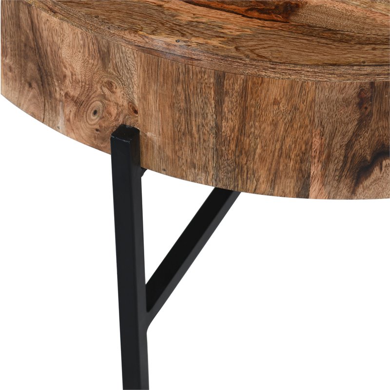 Contemporary Solid Wood and Iron Round Accent Table Natural and Black