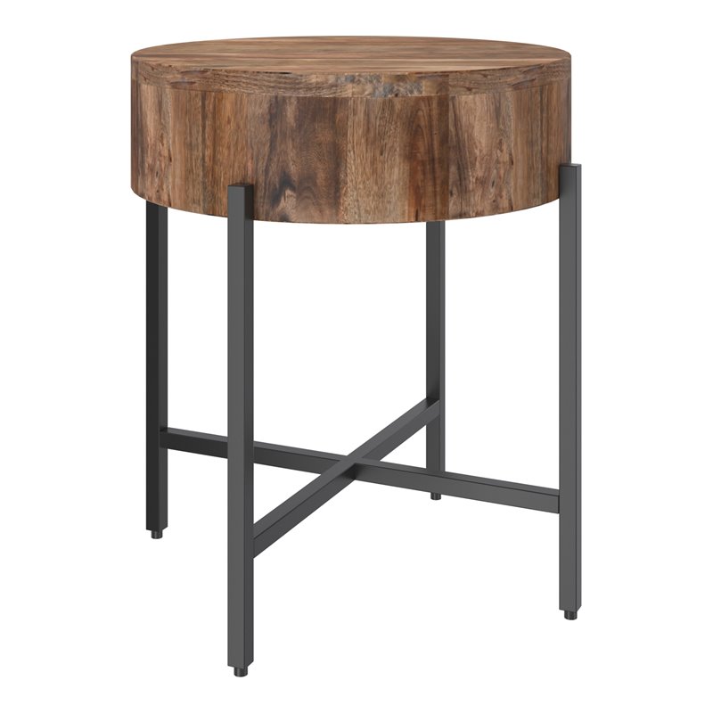 Contemporary Solid Wood and Iron Round Accent Table Natural and Black