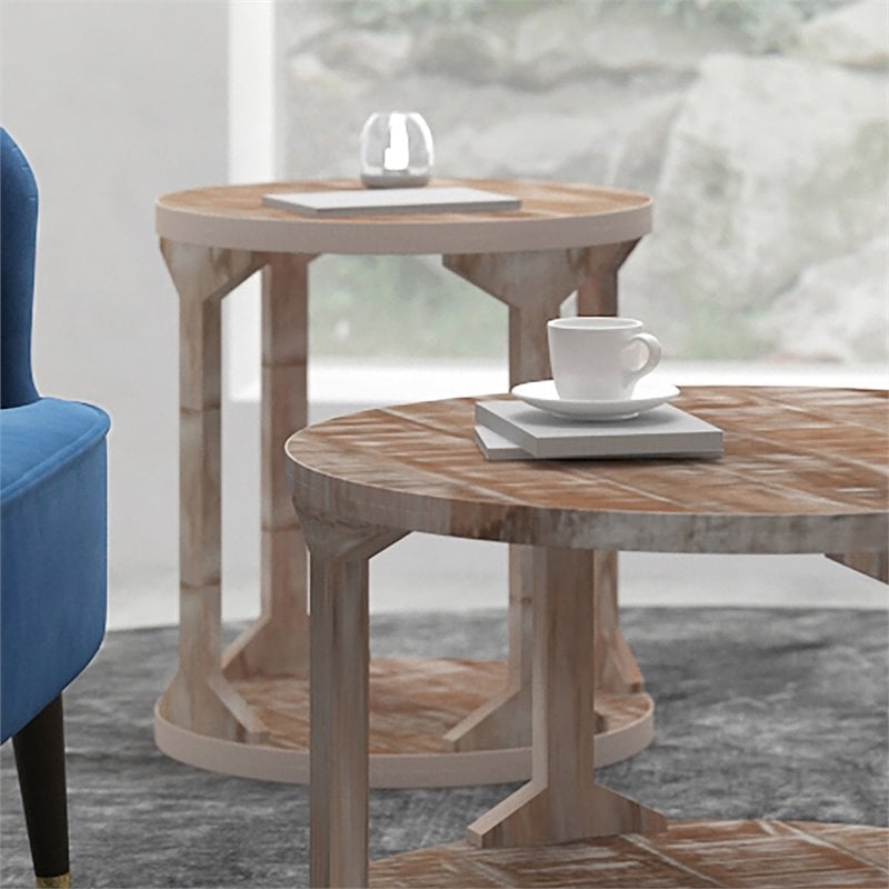 Rustic Modern Solid Wood Round Accent Table Distressed Natural