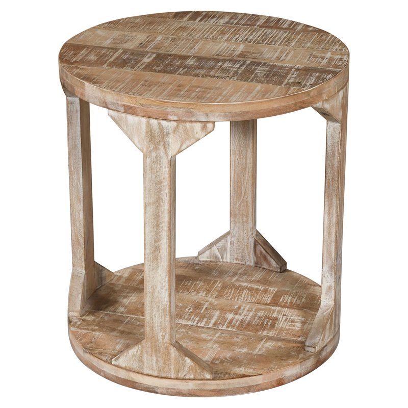 Rustic Modern Solid Wood Round Accent Table Distressed Natural