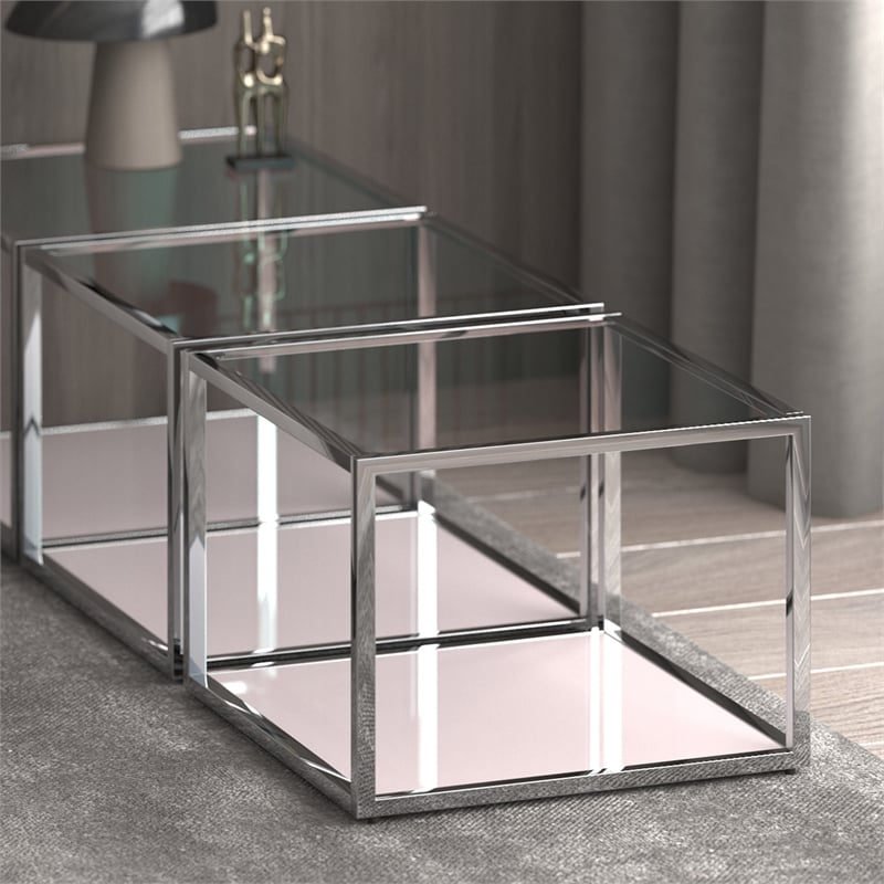 Contemporary Metal and Glass Small Square Coffee Table Silver