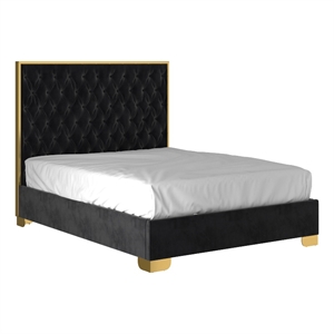 Lucille 60&quot Tufted Velvet and Stainless Steel Bed in Black/Gold