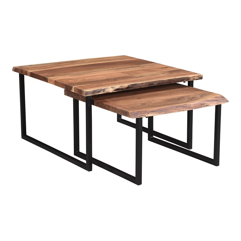 Rustic Industrial Solid Wood and Iron 2pc Coffee Table Set Natural and Black