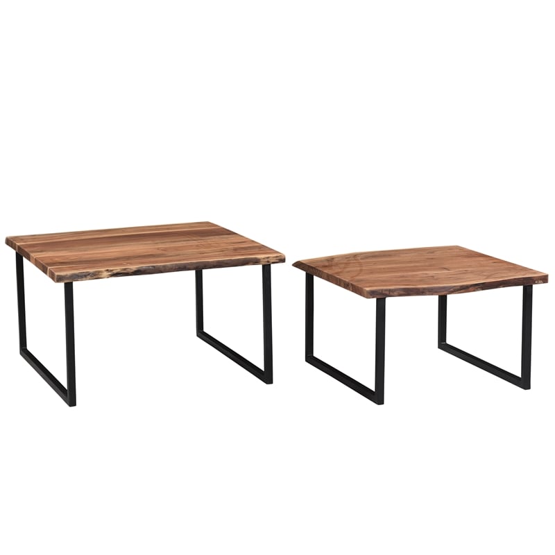 Rustic Industrial Solid Wood and Iron 2pc Coffee Table Set Natural and Black