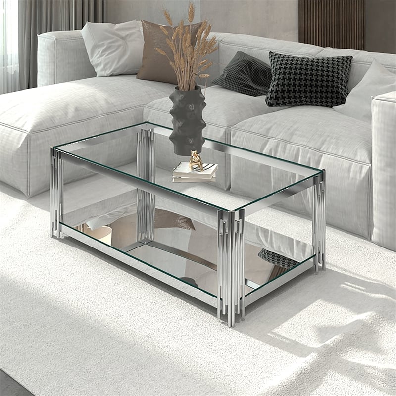 Estrel Metal/Glass Top Coffee Table with Lower Shelf in Silver
