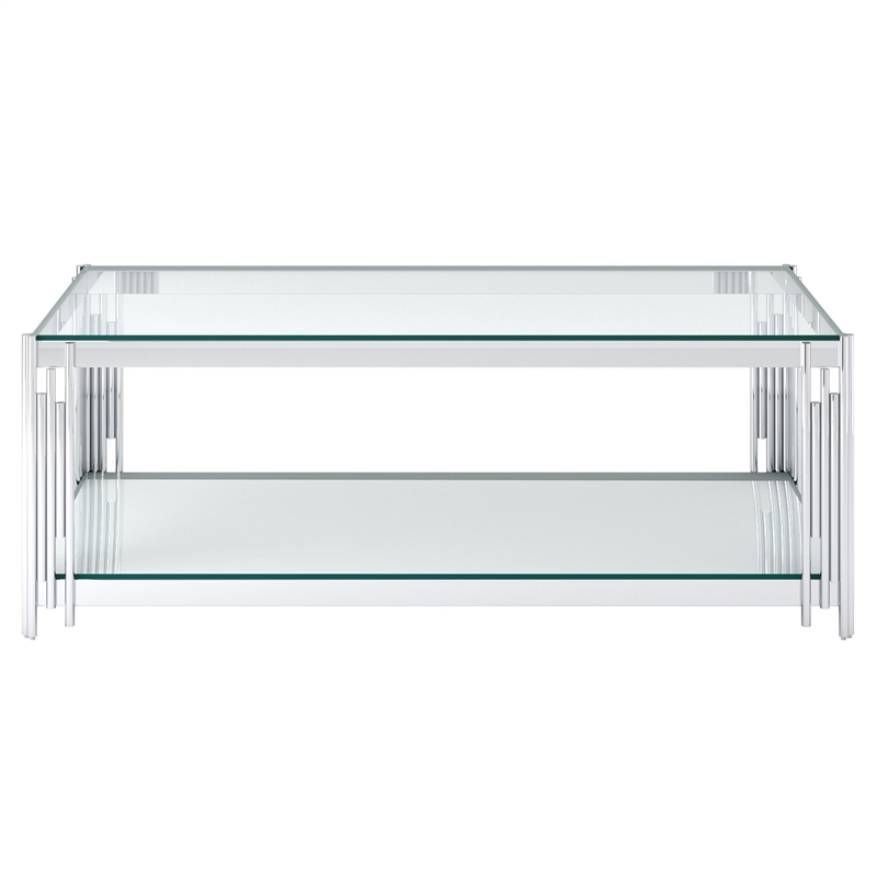 Estrel Metal/Glass Top Coffee Table with Lower Shelf in Silver