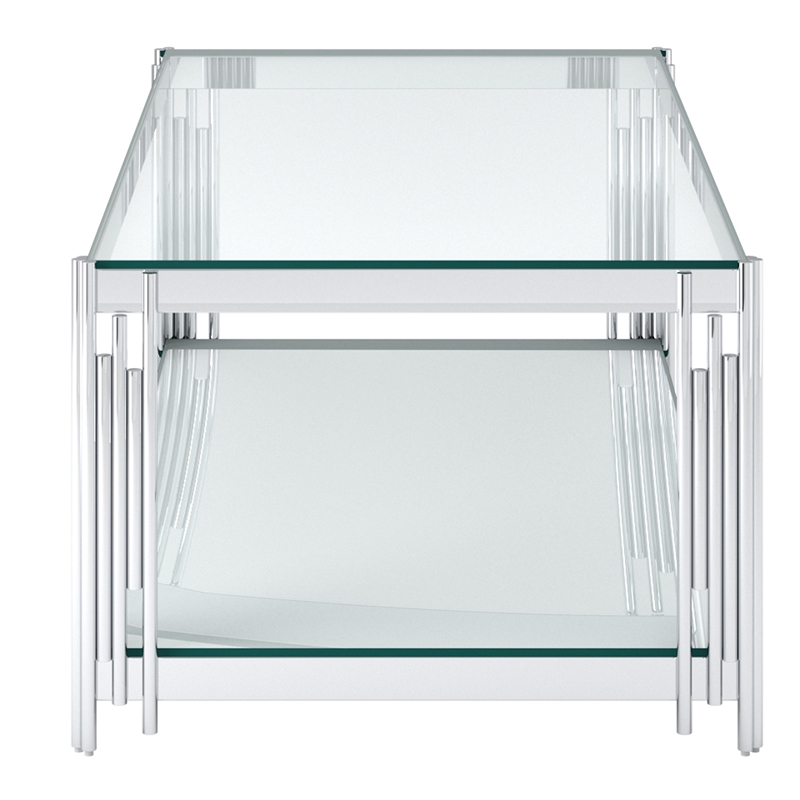 Estrel Metal/Glass Top Coffee Table with Lower Shelf in Silver