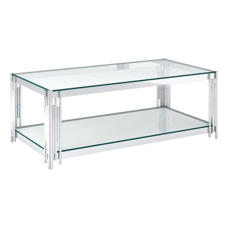 Estrel Metal/Glass Top Coffee Table with Lower Shelf in Silver