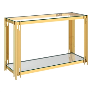 estrel glass top contemporary metal console table with lower shelf