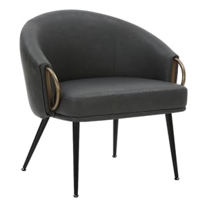 MidCentury Modern Faux Leather Accent Chair Vintage Charcoal Black Aged Gold