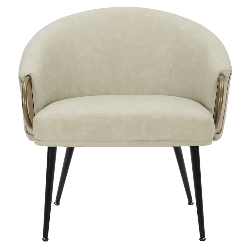 MidCentury Modern Faux Leather Accent Chair Vintage Ivory Black Aged Gold