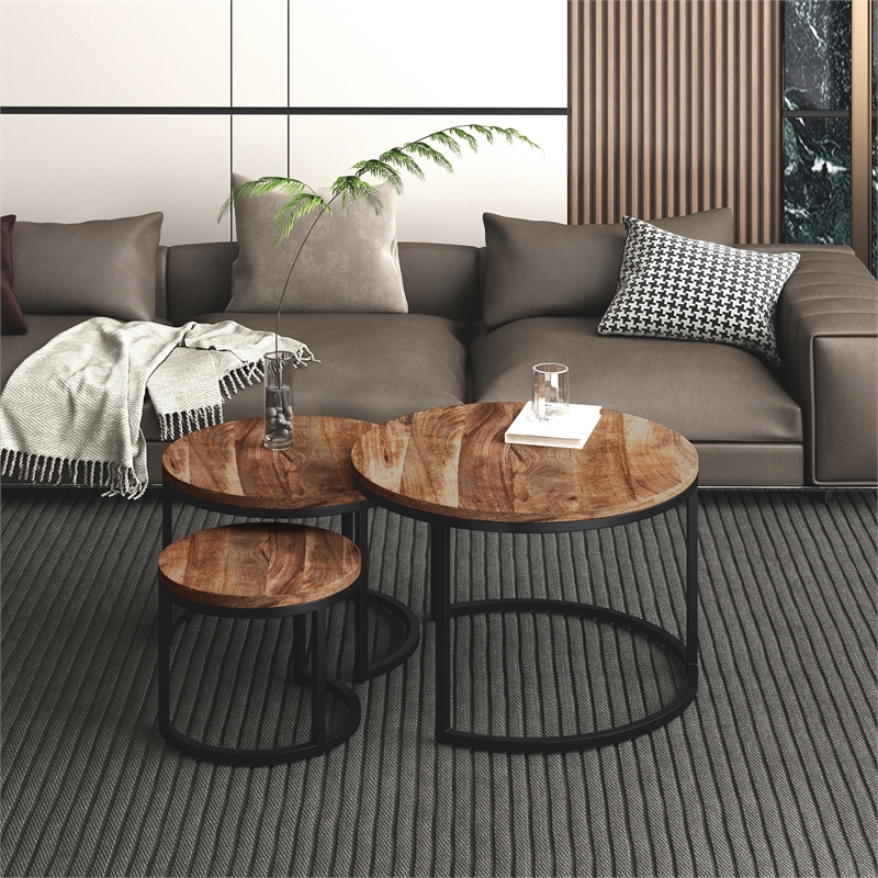 Rustic Modern Solid Wood and Iron 3pc Coffee Table Set Natural and Black