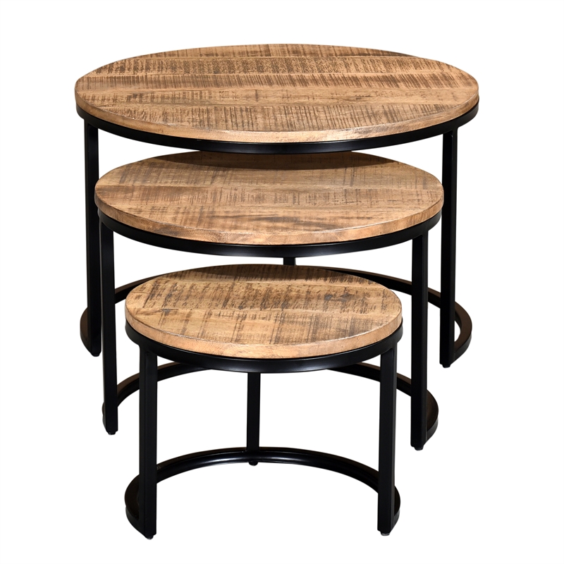 Rustic Modern Solid Wood and Iron 3pc Coffee Table Set Natural and Black