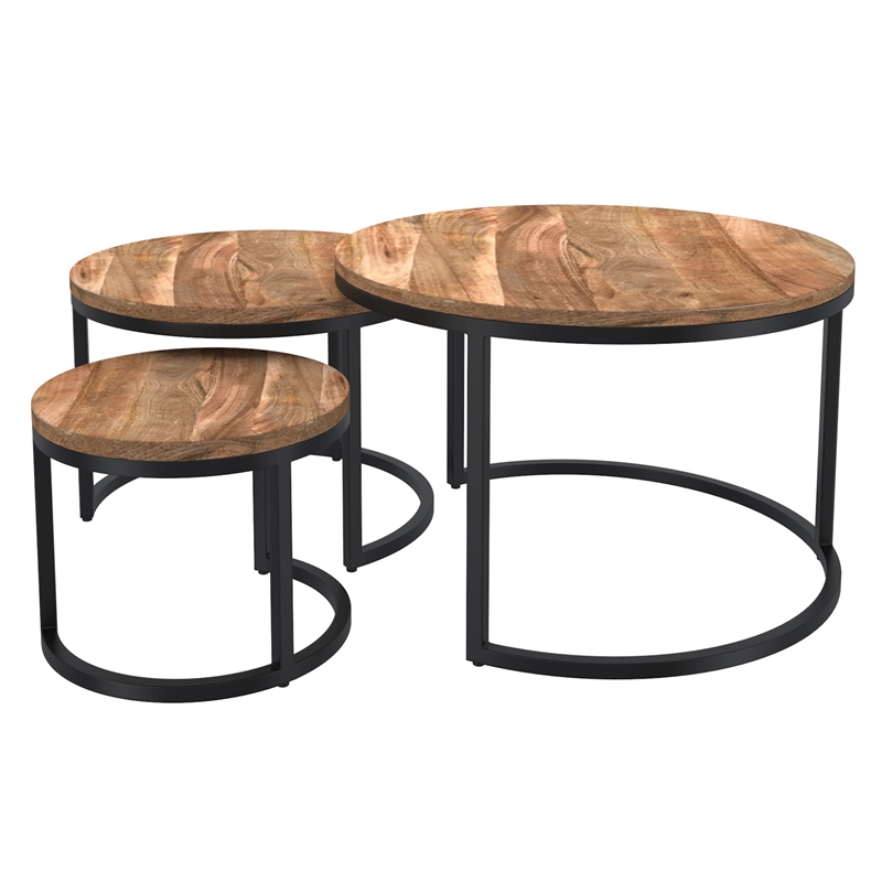 Rustic Modern Solid Wood and Iron 3pc Coffee Table Set Natural and Black