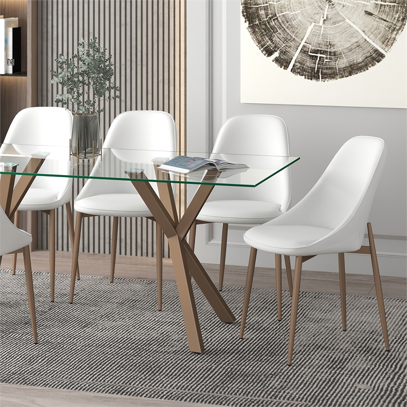 Modern Faux Leather and Metal Dining Chair Set of 2 White and Aged Gold