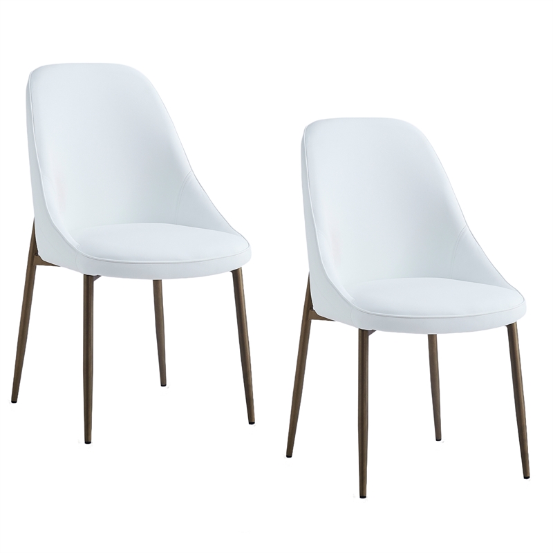 Modern Faux Leather and Metal Dining Chair Set of 2 White and Aged Gold