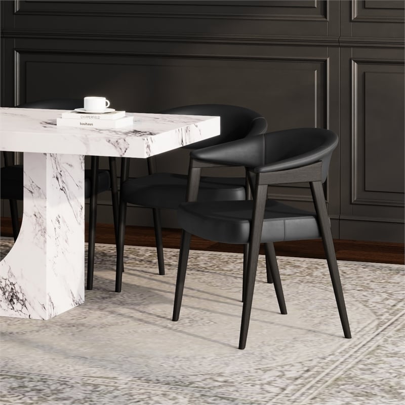 Inspire Modern Faux Leather & Wood Dining Chair in Black/Dark Walnut (Set of 2)