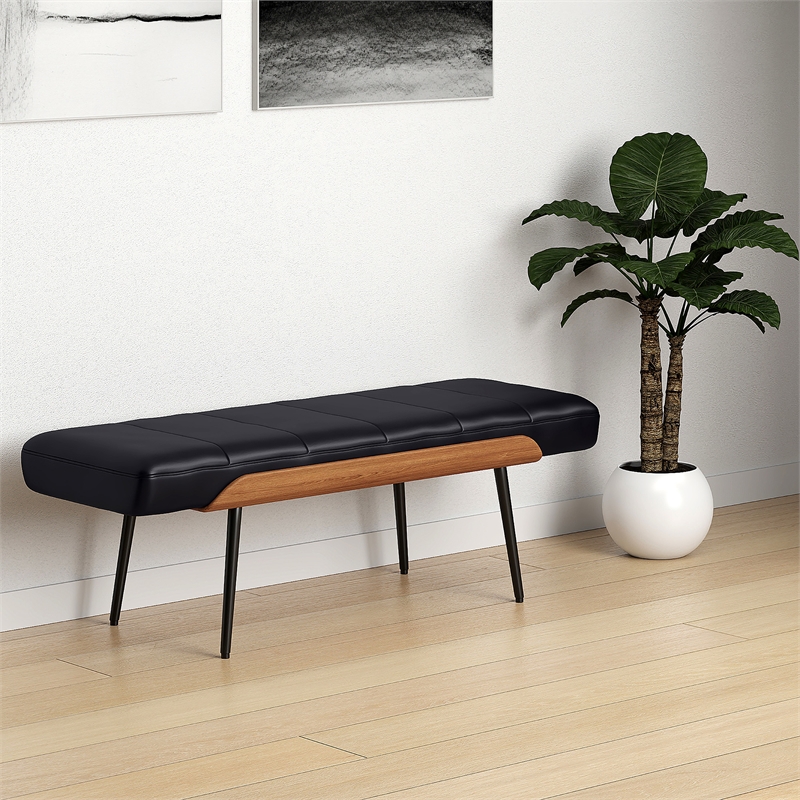 Inspire Mid-Century Modern Faux Leather & Metal Bench - Black & Walnut