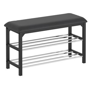 whi foster 2-tier contemporary faux leather/metal shoe bench in black/chrome