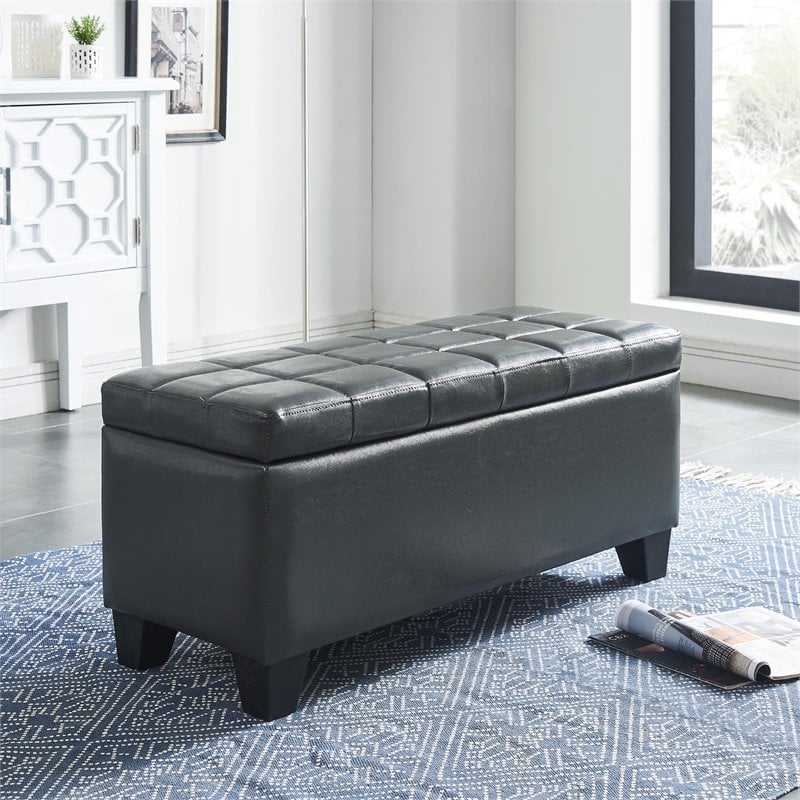 Modern Faux Leather Rectangular Storage Ottoman Bench Grey
