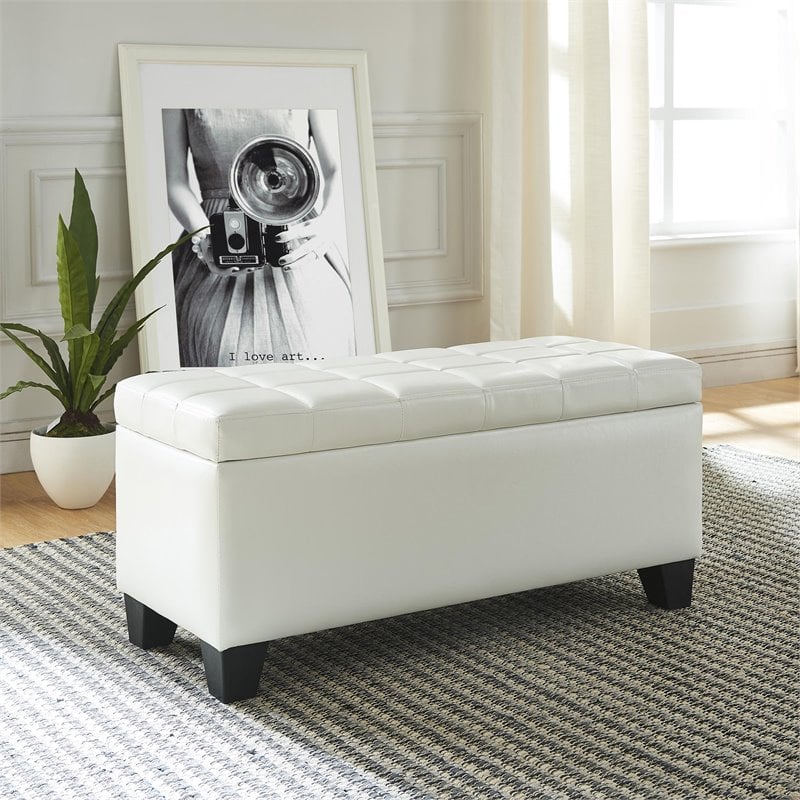 Modern Faux Leather Rectangular Storage Ottoman Bench White