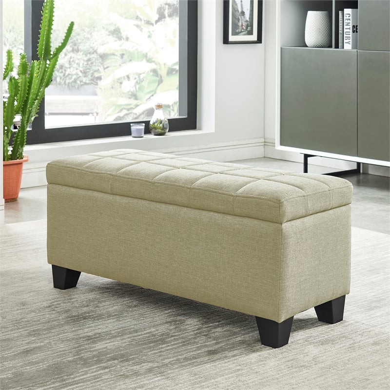 Modern Fabric Upholstered Rectangular Storage Ottoman Bench Beige