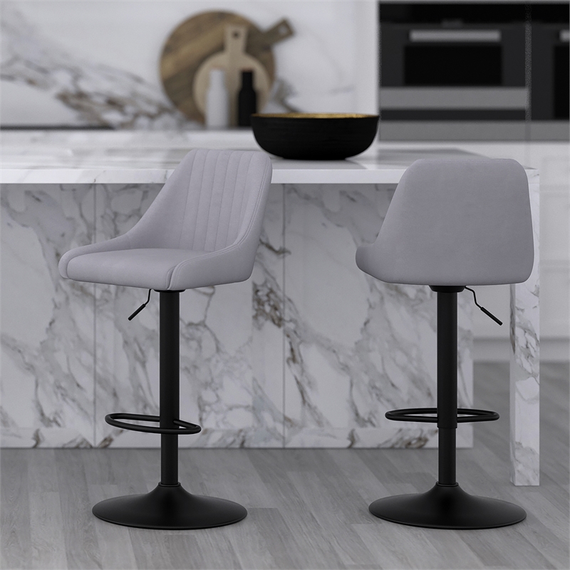 Modern Fabric and Metal Adjustable Swivel Stool Set of 2 Grey and Black