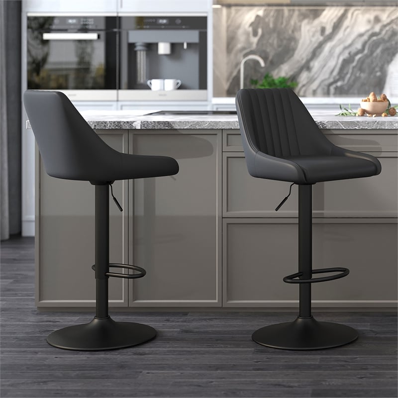 Modern Faux Leather Adjustable Stool with Swivel Set of 2 Black and Black