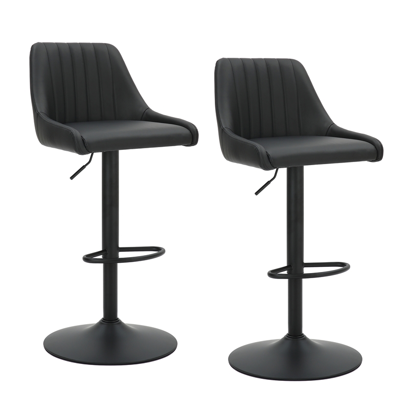 Modern Faux Leather Adjustable Stool with Swivel Set of 2 Black and Black