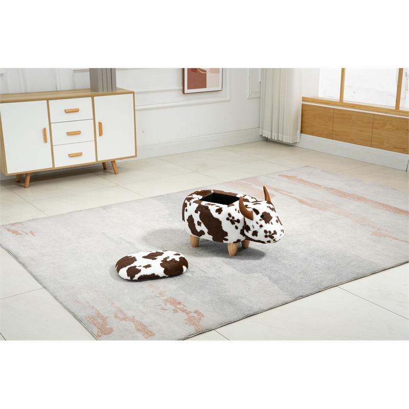Home 2 Office Adorable Cow Traditional Fur Fabric & Wood Ottoman in Brown/White