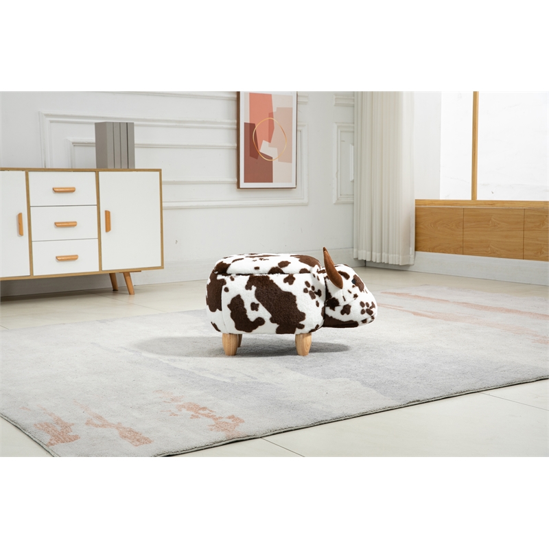Home 2 Office Adorable Cow Traditional Fur Fabric & Wood Ottoman in Brown/White