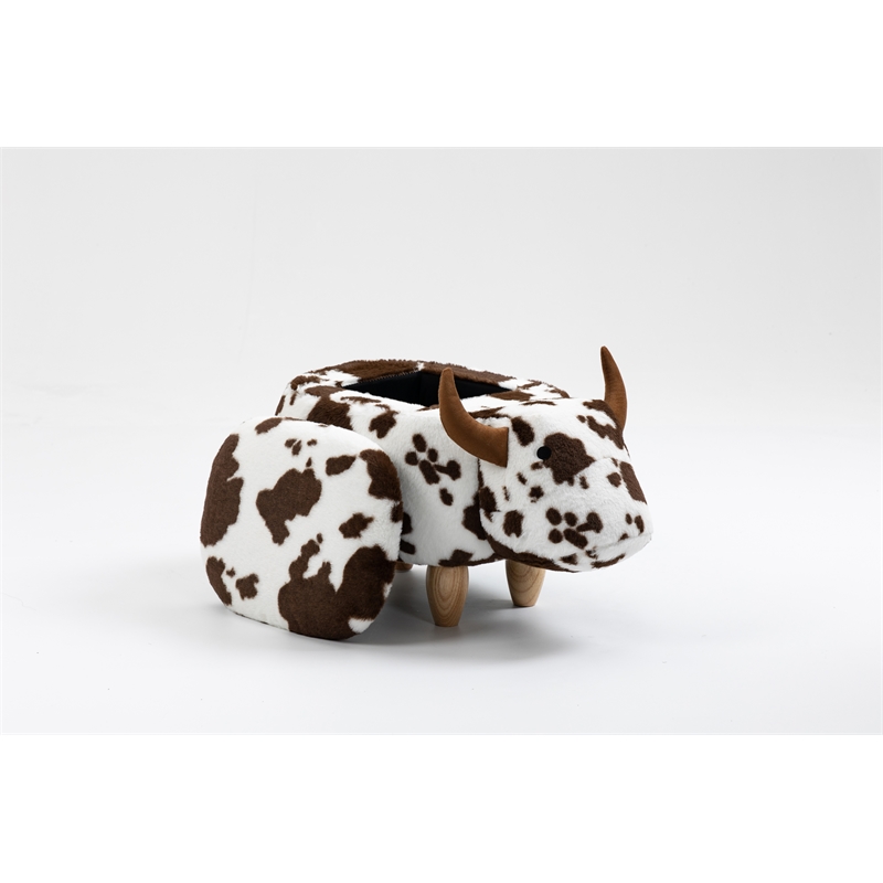Home 2 Office Adorable Cow Traditional Fur Fabric & Wood Ottoman in Brown/White