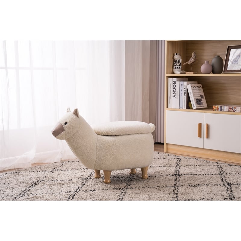 Home 2 Office Llama Animal Solid Wood & Fabric Storage Ottoman in Beige/White