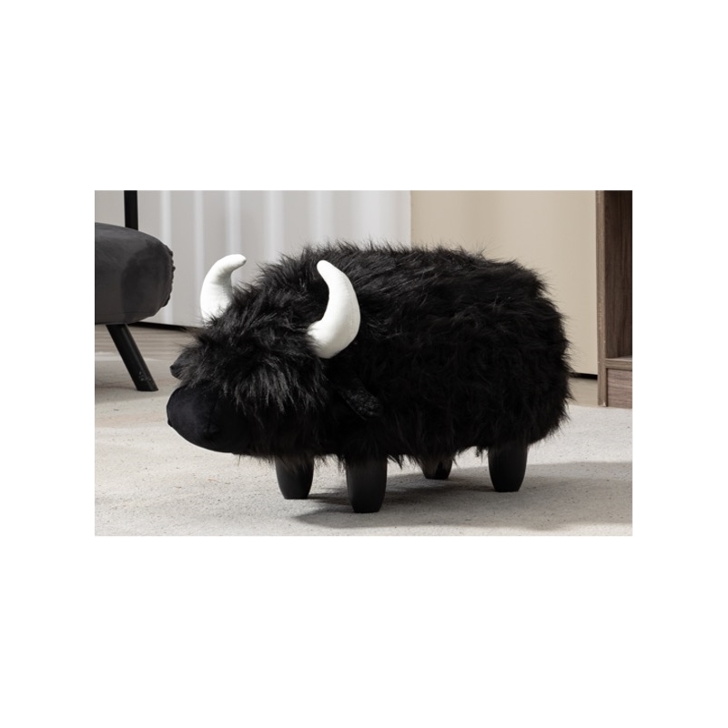 Harry the Cow Storage Ottoman with Long Black Fur Wood Frame
