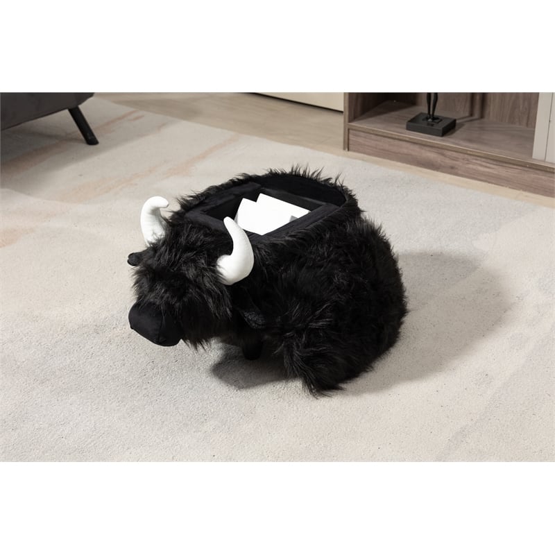 Harry the Cow Storage Ottoman with Long Black Fur Wood Frame