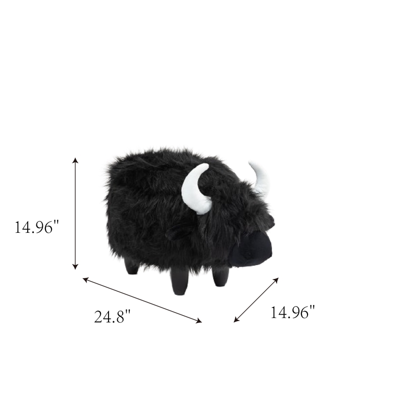 Harry the Cow Storage Ottoman with Long Black Fur Wood Frame