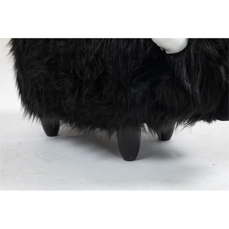 Harry the Cow Storage Ottoman with Long Black Fur Wood Frame